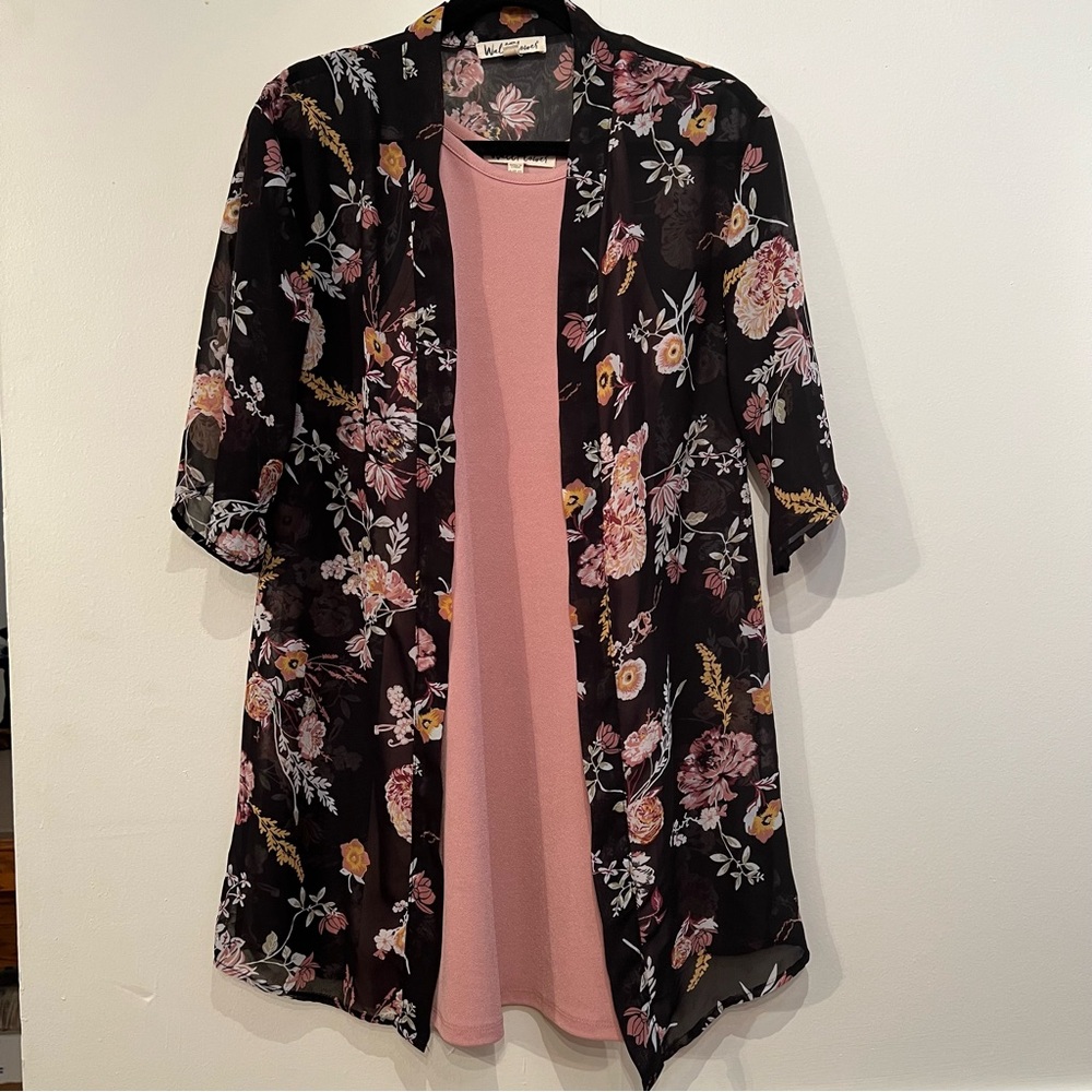 Wall Flower Pink Dress/Floral Kimono Set - Sz XS